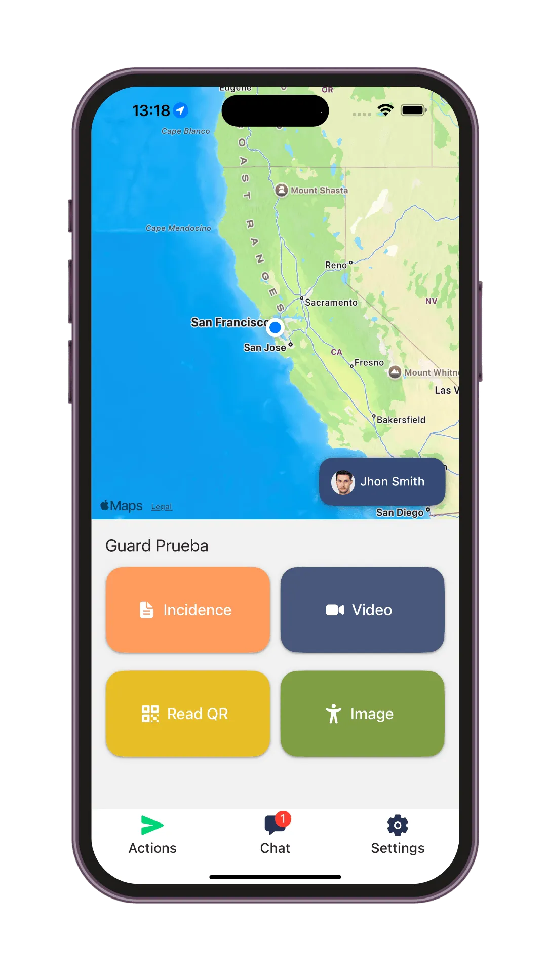 Treinco App - Mockup de la aplicación móvil mostrando el mapa de dispositivos y estado del sistema